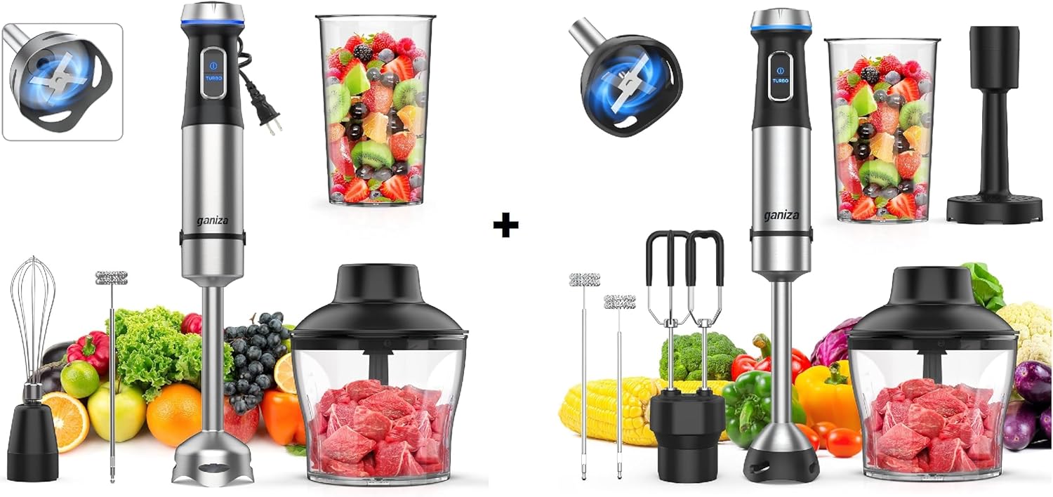Ganiza Immersion Blender, 5 in 1 & 6 in 1 Corded Hand Blender Stainless Steel Blade, 16 Speed Immersion Blender Handheld with 800ml Mixing Beaker, 600ml Chopper, Whisk, Frother, Potato Masher