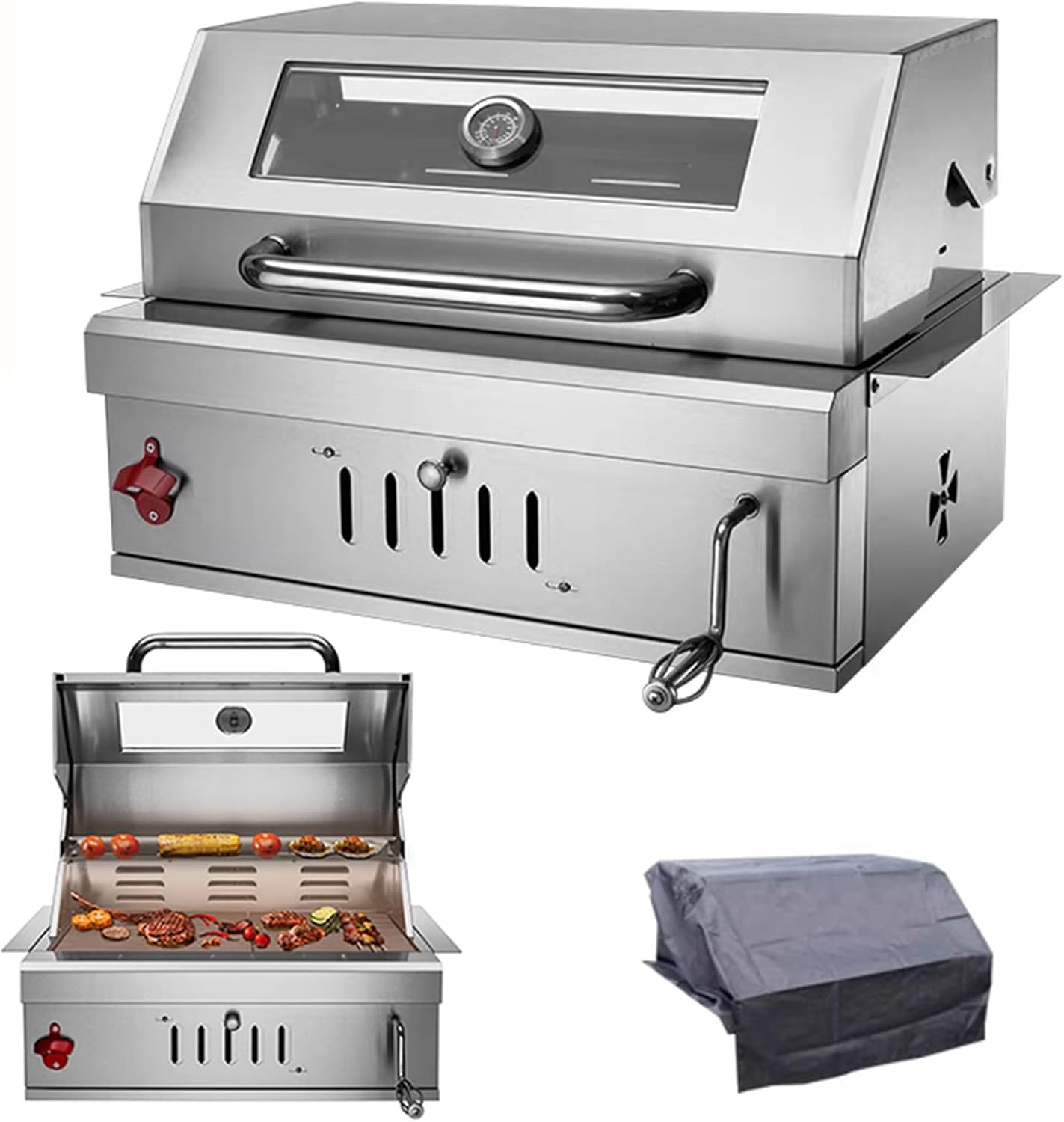 Built-In Stainless Steel Charcoal Grill for Outdoor Kitchen,28 Inch Large Charcoal BBQ Grills with Liftable Tray,Insulated Hood,Temperature Gauge & Cover for Camping,Patio,Park(Glass Square Lid)