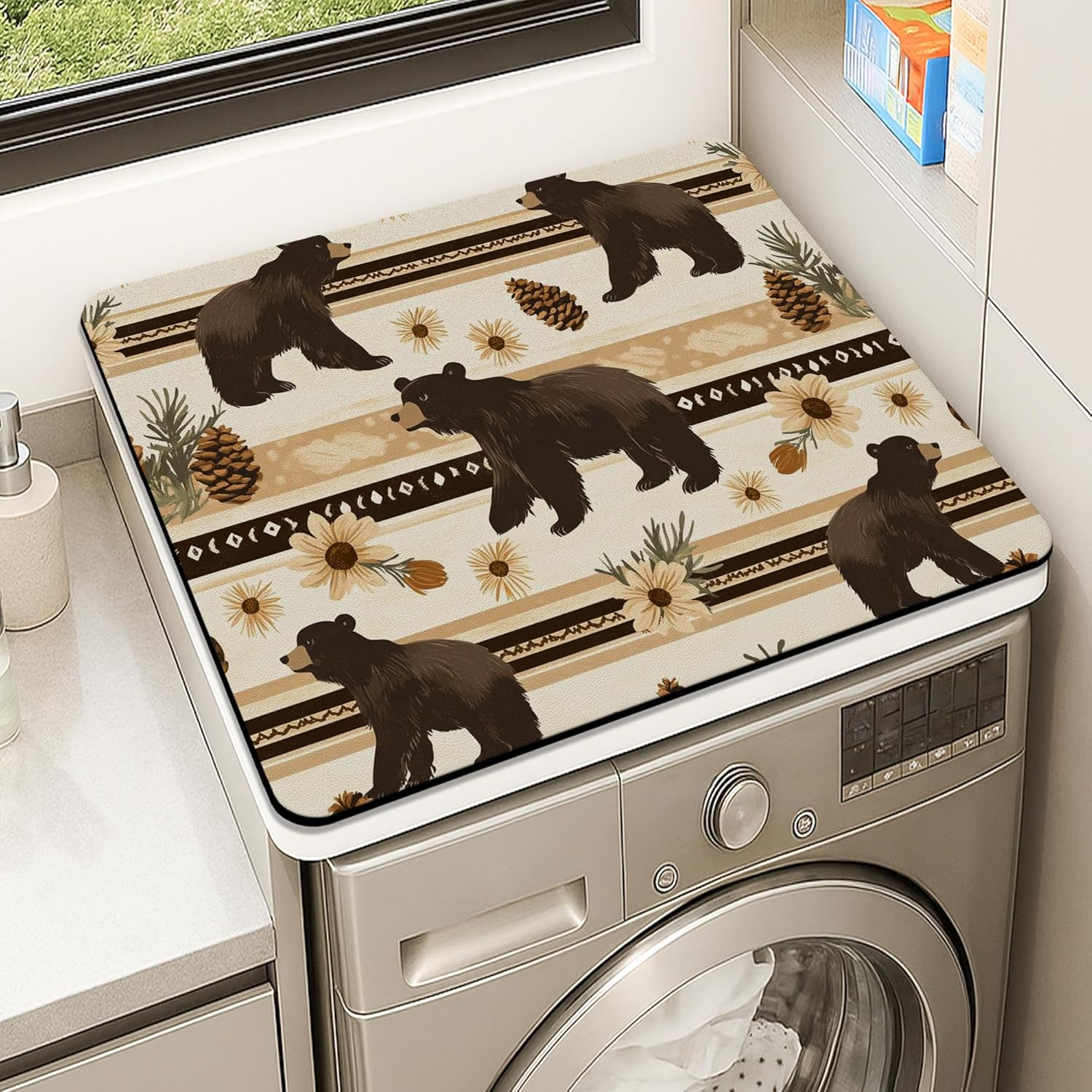 Bear Washer Dryer Top Protector Mat, Rustic Bohemian Floral Laundry Machine Dust Covers, Nature-Themed Protector for Home, Anti-slip Waterproof Washer And Dryer Mats 24x24 Inch