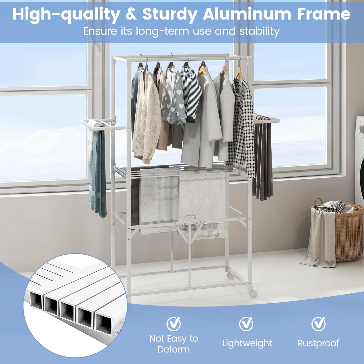 Giantex Clothes Drying Rack with Wheels, Collapsible Laundry Rack with 2 Folding Side Shelves & Detachable Middle Shelf, Moveable Laundry Garment Dryer Stand Dryer Rack for Apartment Indoor Outdoor