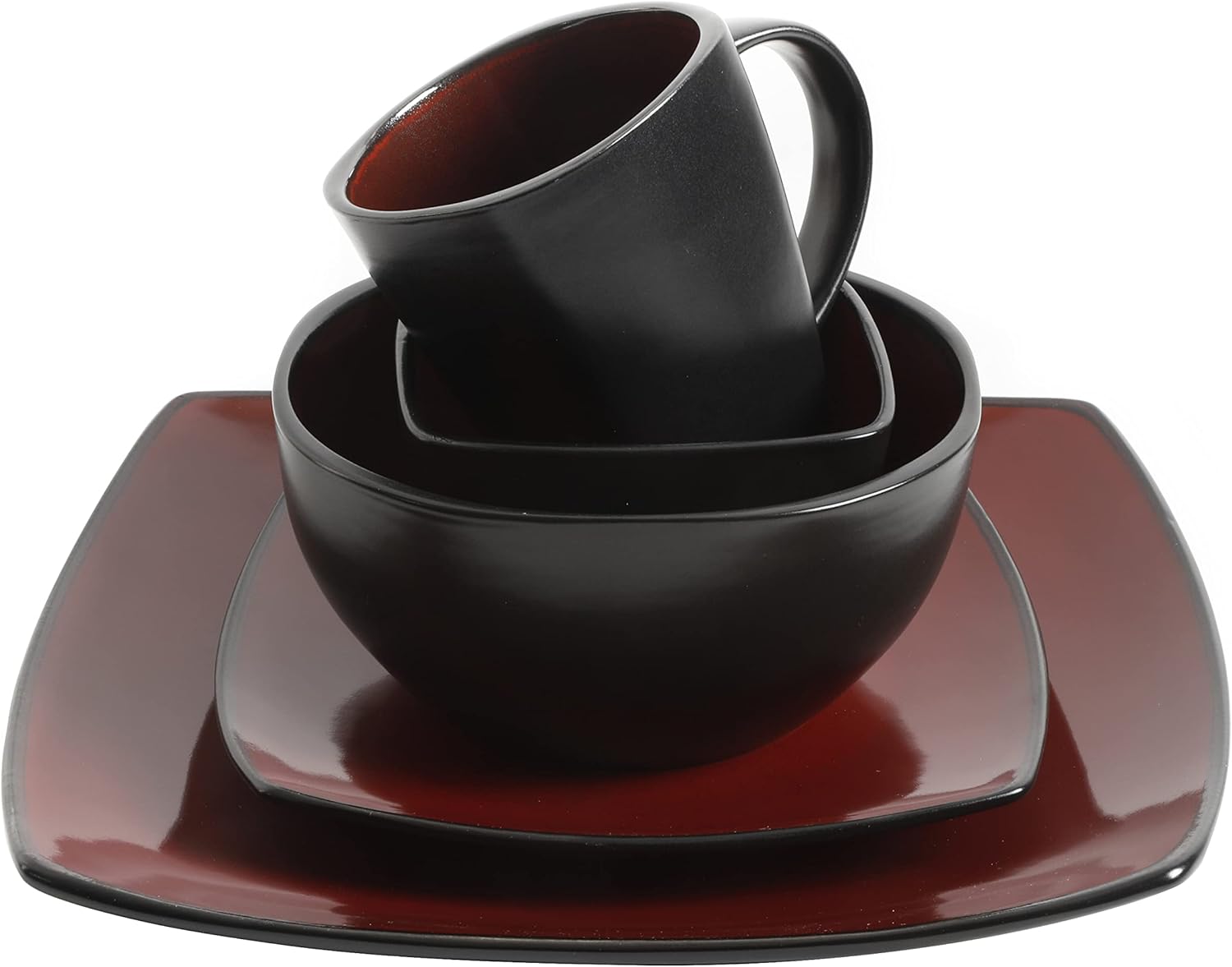 Gibson Elite Soho Lounge Square Reactive Glaze Stoneware Dinnerware Set, Service for 8 (40pc), Red/Black