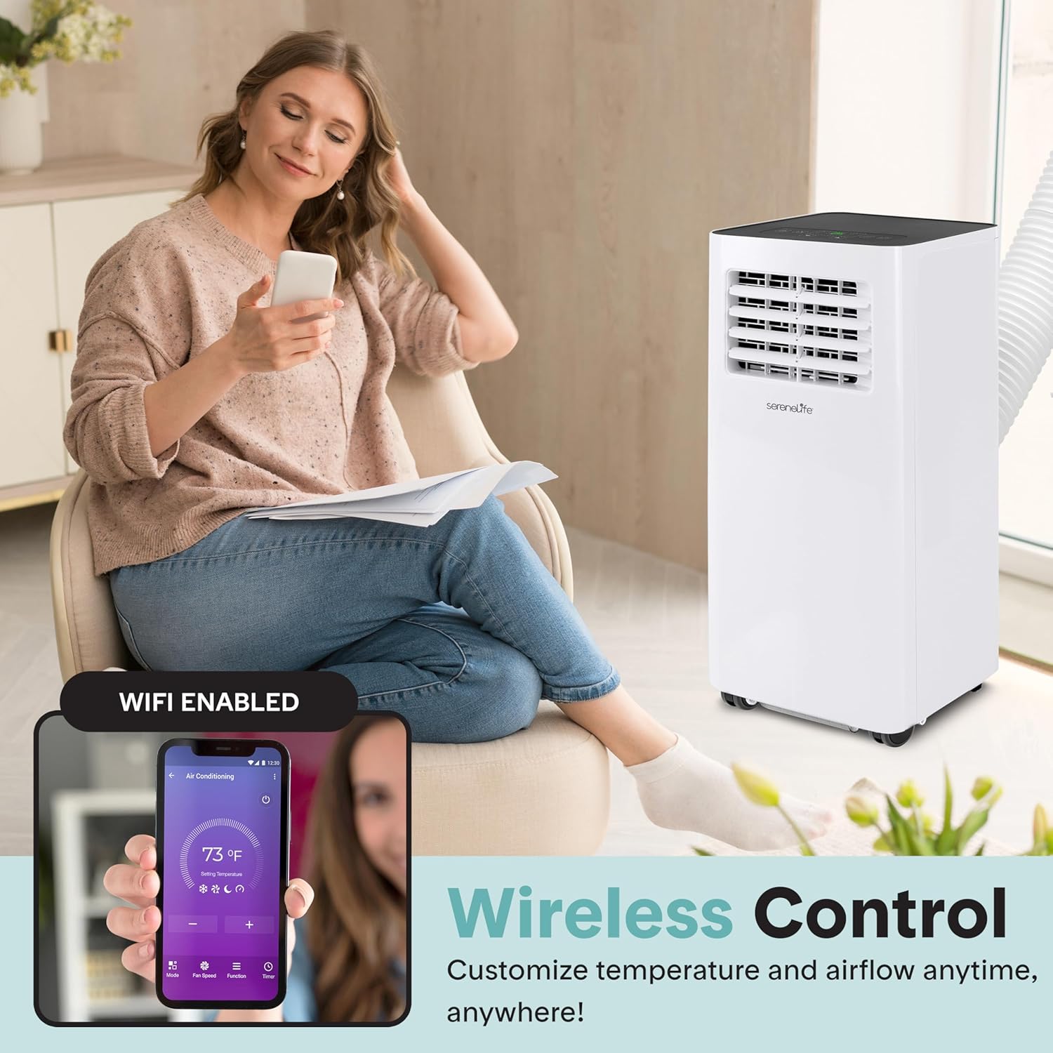 SereneLife Portable Room Air Conditioner – 8,000 BTU Compact Home A/C Unit with Dehumidifier & Fan Modes, Metal Control Box, Rotary Compressor, LED Display, Easy Setup, Includes Window Mount Kit