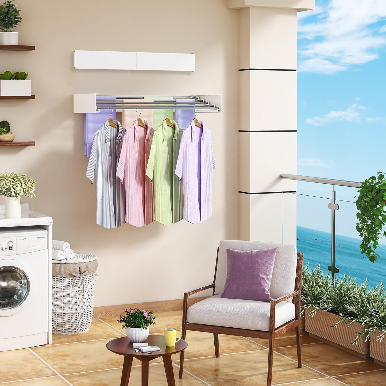 Wall Mounted Drying Rack 31.5 Inch, Laundry Clothes Drying Rack Foldable , Space Saving Collapsible Drying Rack Clothing Wall Mount with Wall Template, 5 Stainless Steel Rods, 60 lb Capacity (White)