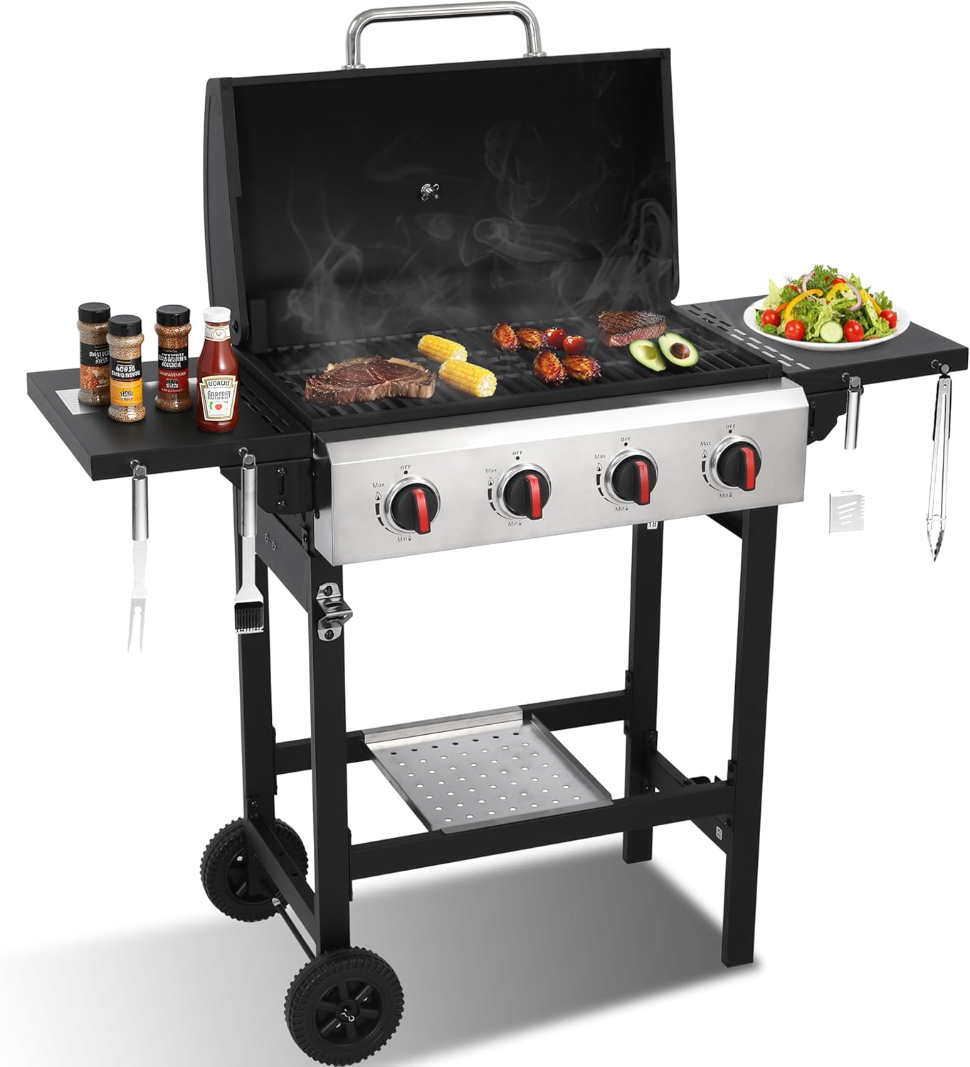 4-Burner Propane Gas Grill with Cast Iron Grates, 38200 BTU output,Foldable Side Shelves for Portable Outdoor Patio Camping, Black (4 burner)
