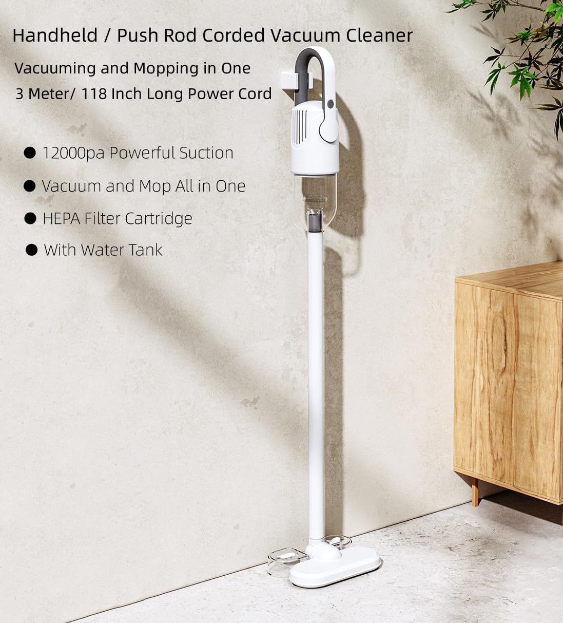 Stick Corded Vacuum Cleaner and Mop All in One, Corded Wet Dry Vacuum Cleaner with Water Tank, Floor Cleaner Machine, 12000Pa Suction Lightweight Upright Vacuum and Mop Combo for Home Office Pet Hair