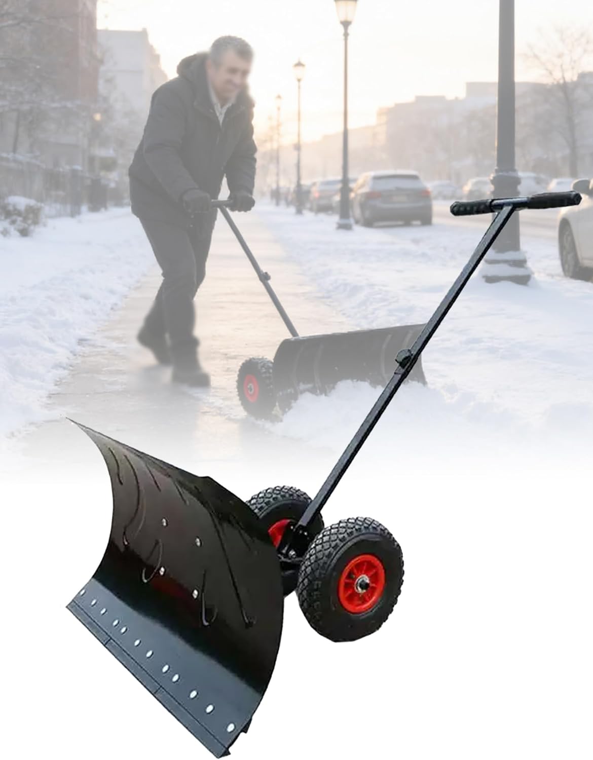 Snow Pusher with Wheels, 5-Level Adjustable Handle-Angle Steel Blade for Driveway, Walkway, Patio Snow Removal(75x43cm/29x17in)