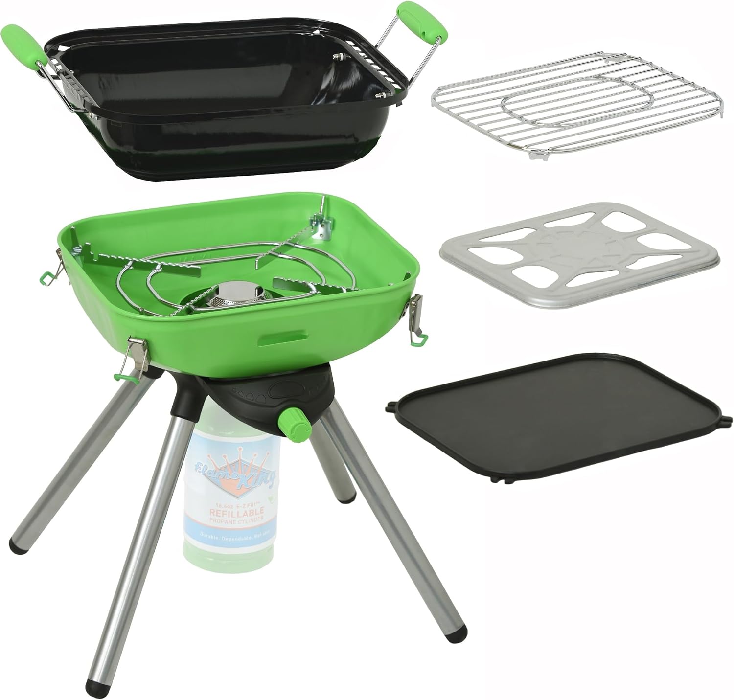 Flame King YSNVT-301 Multi-Function Portable Propane BBQ Grill Camp Stove, 8000 BTU 9.5 x 12 Inch Cooking Surface, Light Green/Black
