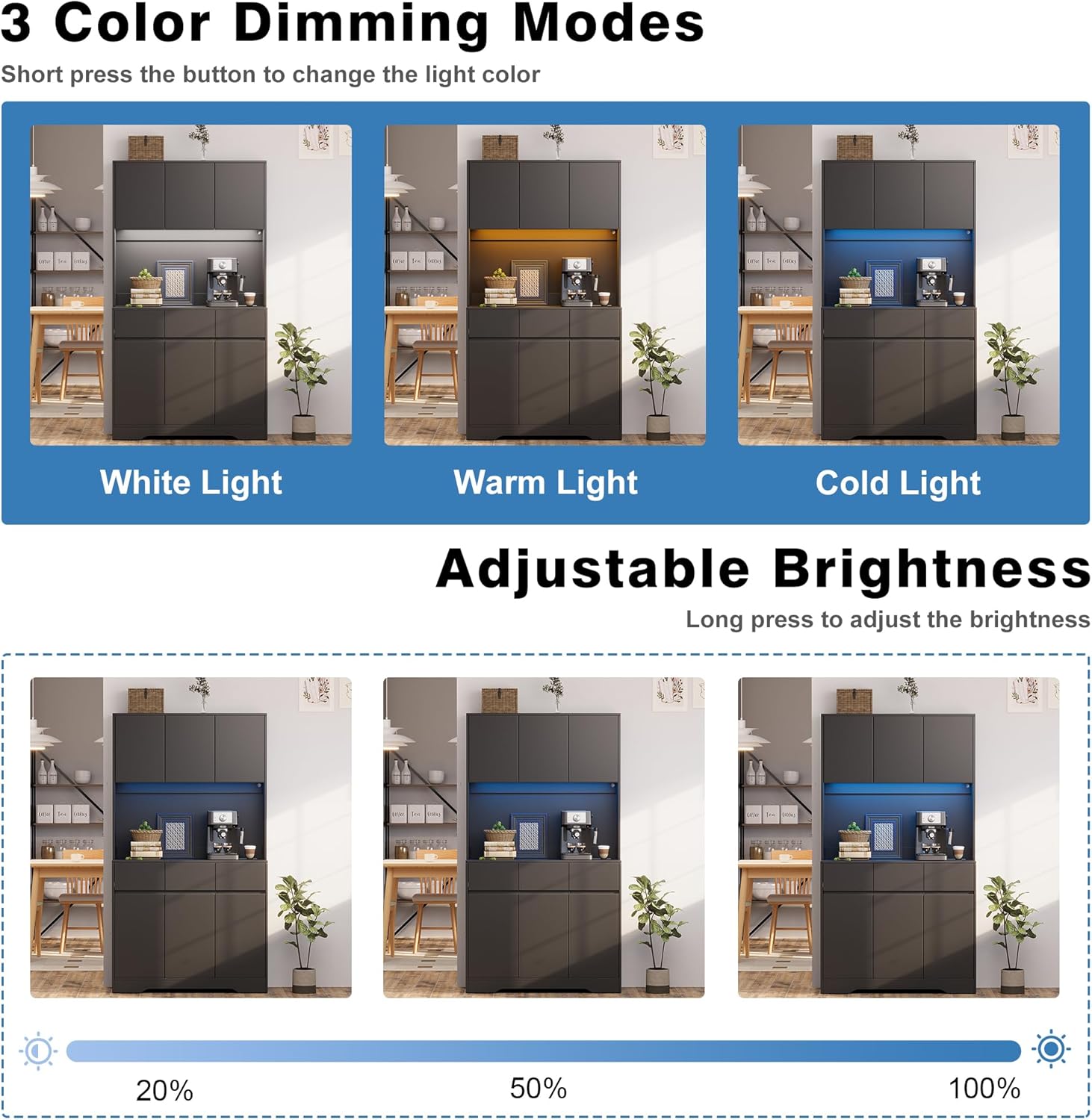 71'' Pantry Cabinet with LED Light & Charging Station, Tall Freestanding Kitchen Storage Cabinet with Microwave Stand, Modern Hutch with Drawers & Open Countertop for Dining Room, Living Room, Black