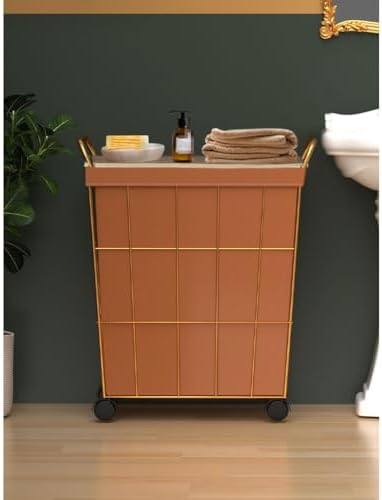 Iron Wire Laundry Hamper on Wheels Rolling Laundry Basket w/Leather Liner Bag & Handle Gold Metal Frame Laundry Sorter w/Lid for Bedroom Washing Basket (White 45x32x56cm)