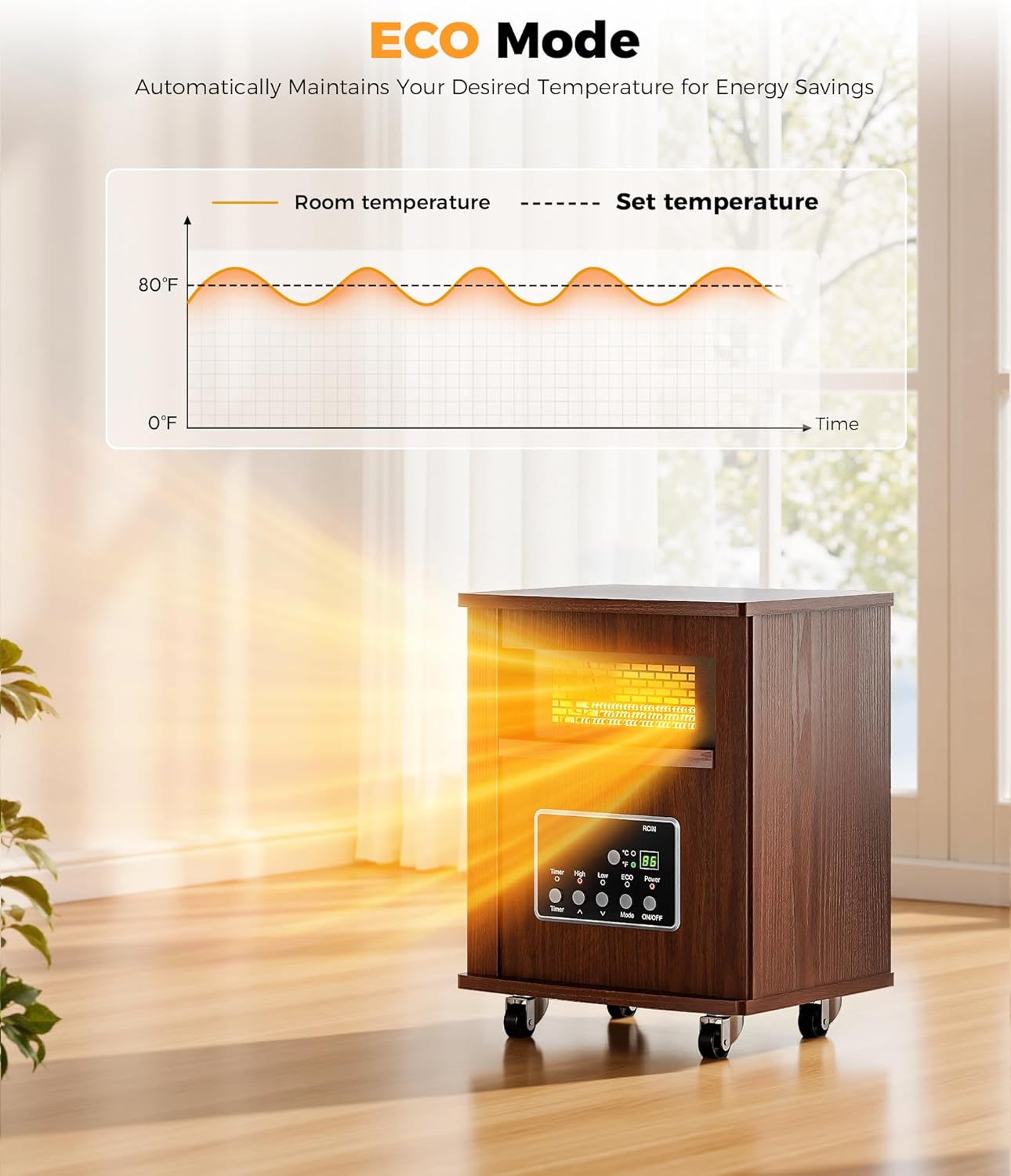 Infrared Space Heater for Indoor Use - 1500W Portable Box Heater with Wood Cabinet, Remote Control & 12H Timer, Quiet Electric Heater with Safety Protection for Bedroom Living Room Office