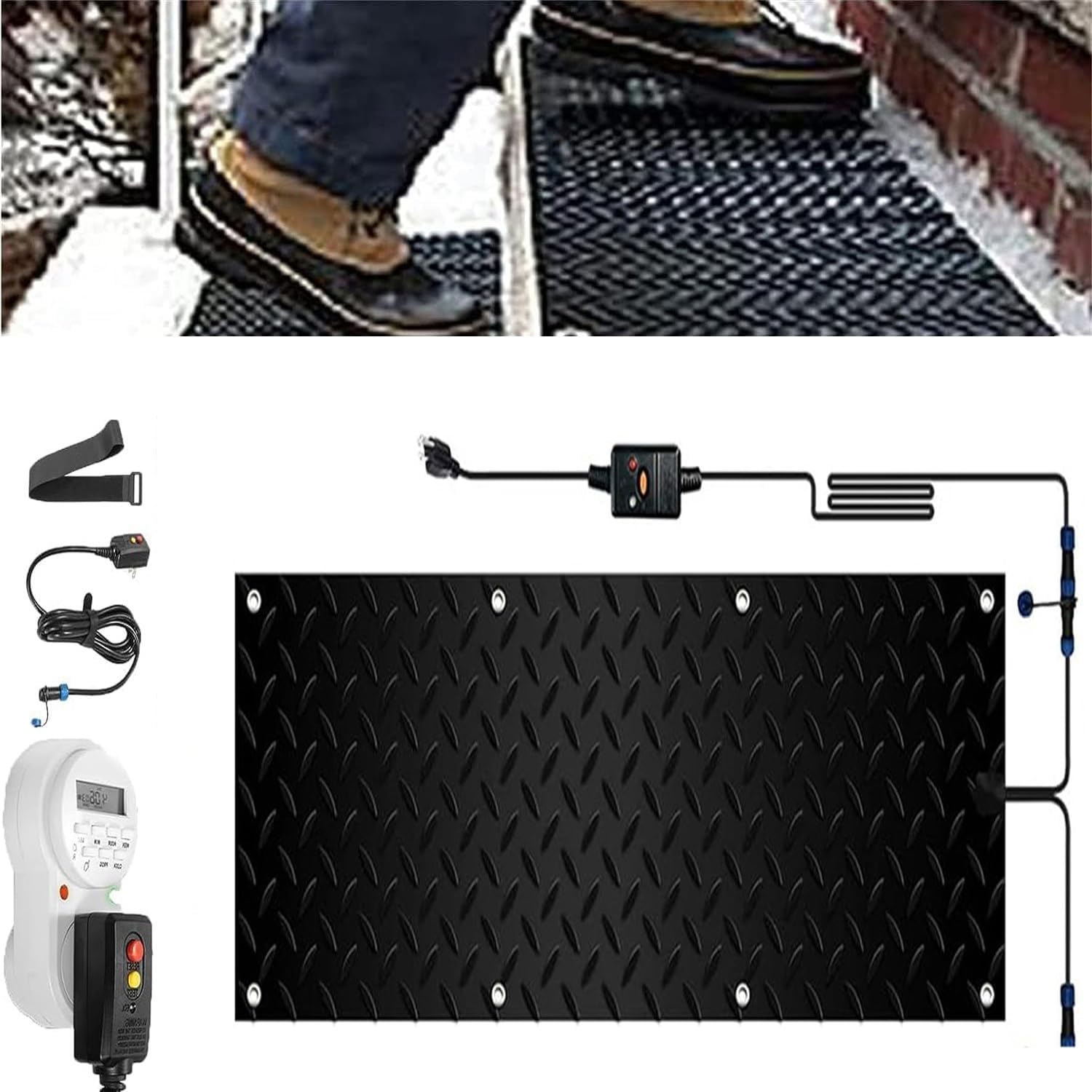 Heated Snow Melting Mats with Timer, 1/2/3/4/5 Pcs Outdoor Slip Proof Ice Heated Rubber Mat for Driveway Walkway Decks and Sidewalks Connection with Power Cord(1 Pcs,12x36in/(30x90cm))