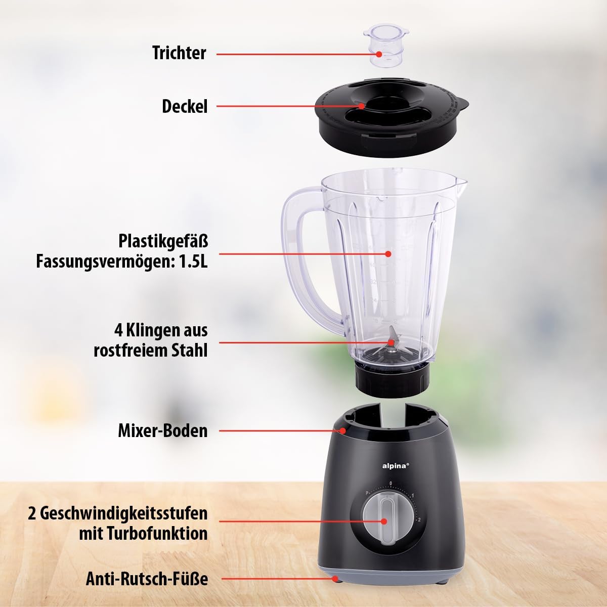 alpina Blender 1.5L, Liquidifier 400 W, Blender Jug with Turbo Function, Plastic Blender, Stainless Steel Blades, Black