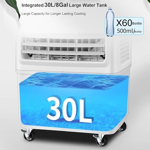 Evaporative Air Cooler, 3 In 1 Ventless Portable Air Conditioner, 8 Gallon Swamp Cooler with 90° Oscillation, 4 Ice Packs, 3 Speeds Cooling Fan For Home, Office, Supermarket