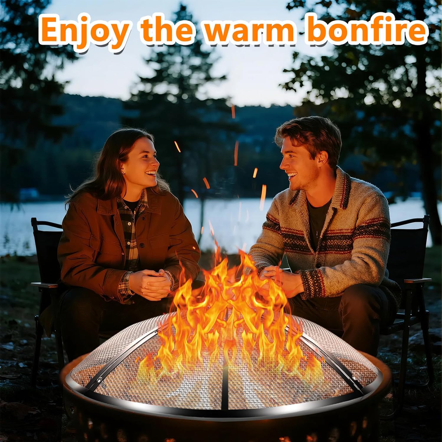 40 Inch Fire Pit Spark Screen,Stainless Steel Fire Pit Screen Cover with Handle&Poker,Outdoor Fire Pit Screen Cover Round Mesh Lid Heavy-Duty for Backyard/Beach/RV Camping