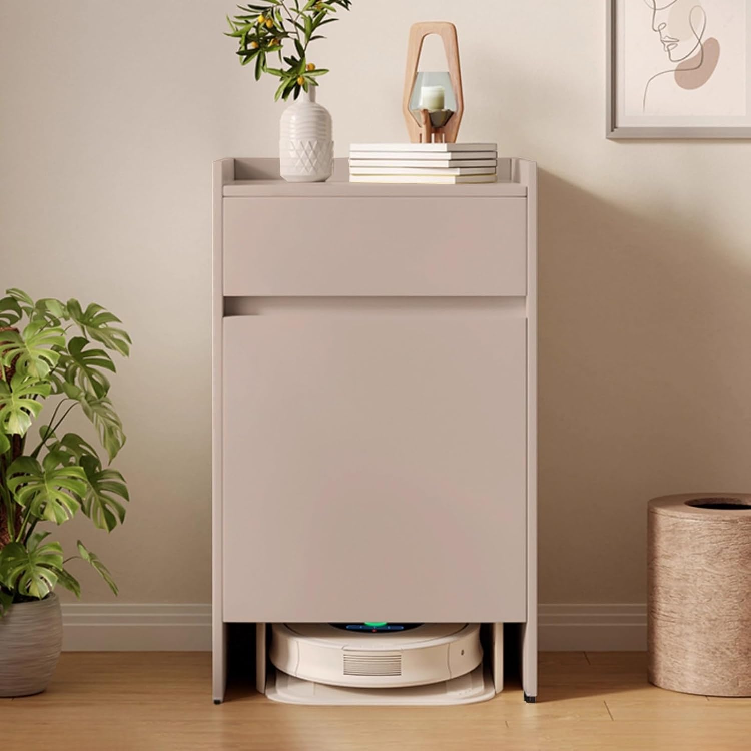 Mobile Robot Vacuum Storage Side Table Multi Tier End Hidden Cabinet with Wheels Robot Shelf Space Saving for Living Room Kitchen Over(Natural)