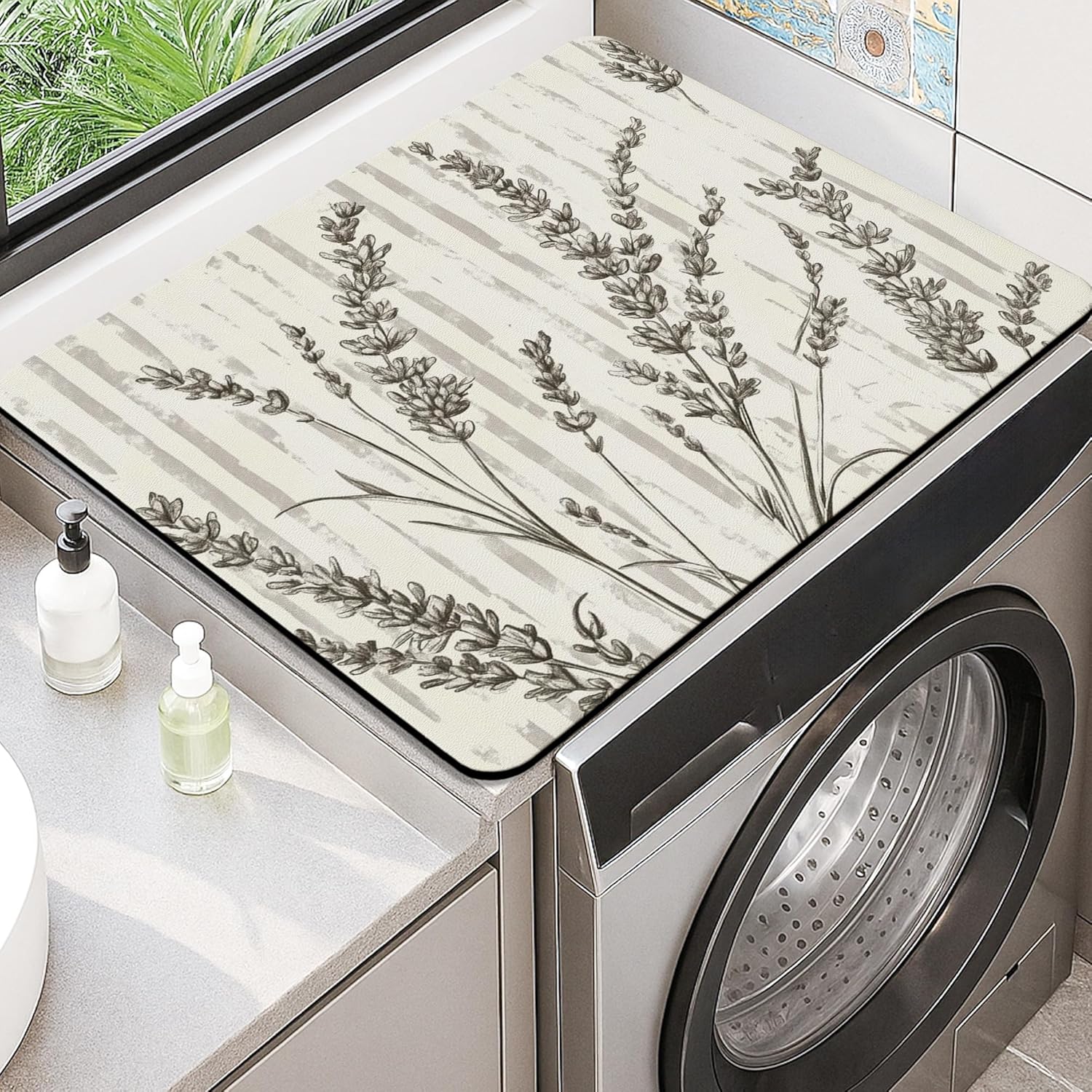 Lavender Washer Dryer Top Protector Mat, Vintage Botanical Floral Laundry Machine Dust Covers, Elegant Anti-slip Waterproof Washer and Dryer Mats for Home 20x24 Inch