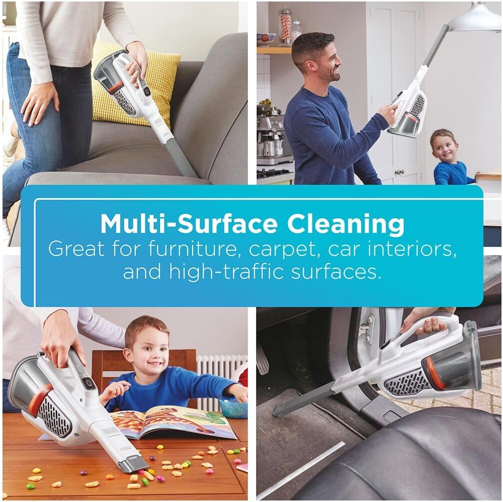 BLACK+DECKER Dust Buster Hand Held Vacuum Cordless Rechargeable, Portable Vacuum for Car, Extended Runtime, Powerful Suction, Extra Long Crevice Tool, AdvancedClean+ (HHVK320J10)
