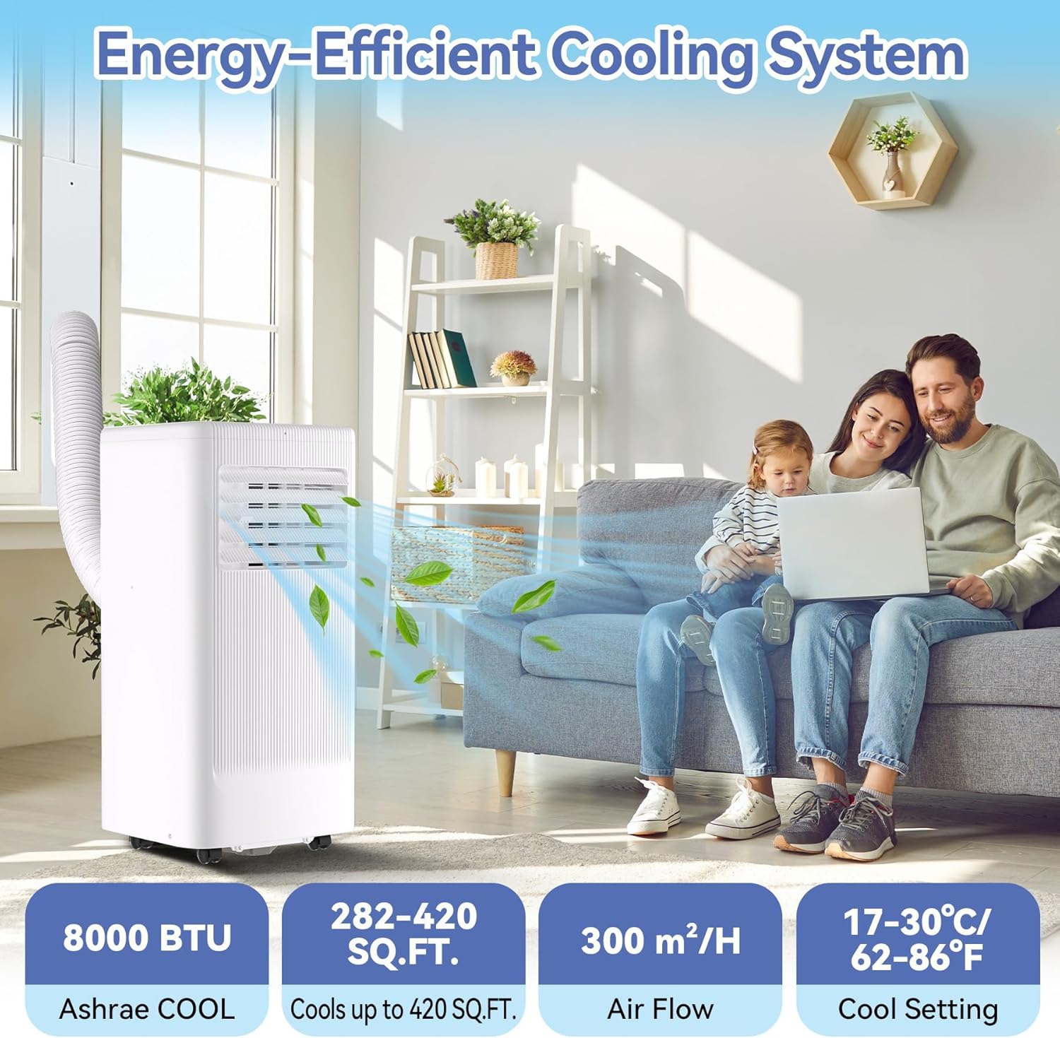 Portable Air Conditioner with Cooling, Dehumidifier and Fan Functions, Standing Cooling, 8000 BTU, Cools Up to 420 Sq. Ft., Remote Control, LED Display, and Window Venting Kit Included