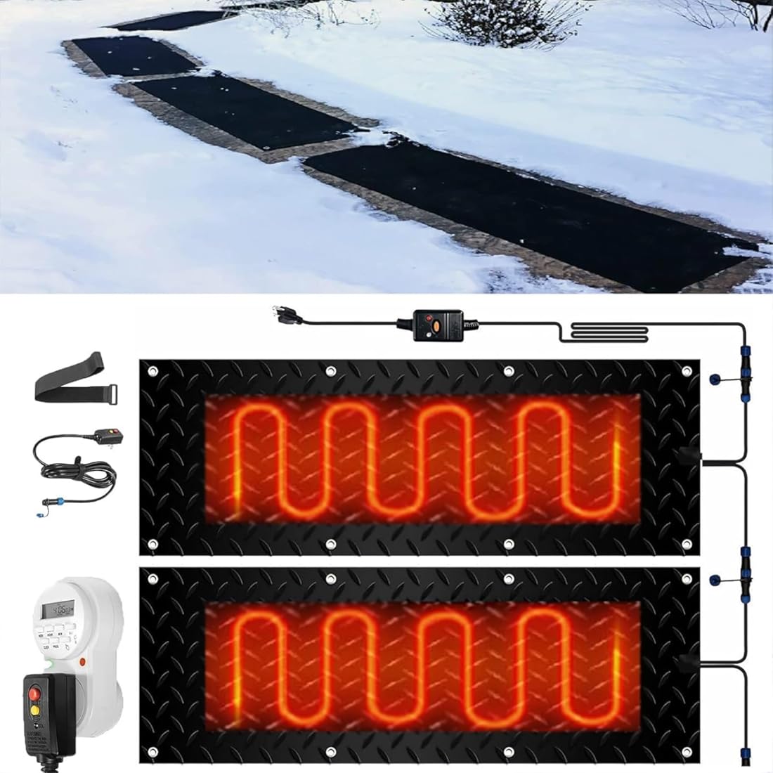 Heated Snow Melting Mats with Timer, 1/2/3/4/5 Pcs Outdoor Slip Proof Ice Heated Rubber Mat for Driveway Walkway Decks and Sidewalks Connection with 9.84 ft Power C(2 Pcs-12x36in/(30x90cm))
