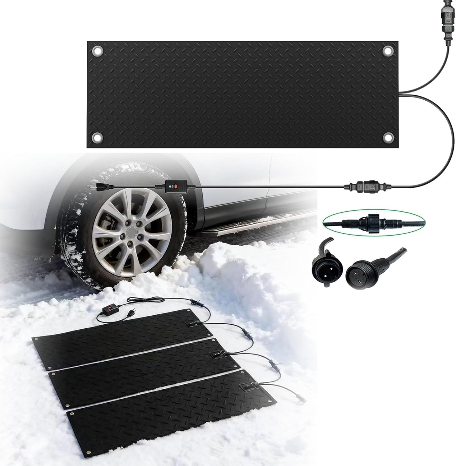 Heated Snow Melting Mats for Entrances Walkway Stairs Deck, Outdoor Ice Melt Pads for Winter Snow Removal, 110V Black No-Slip Heating Rubber Mat 2 Inch/h Speed, with Timer(5 Pcs,30x72in)
