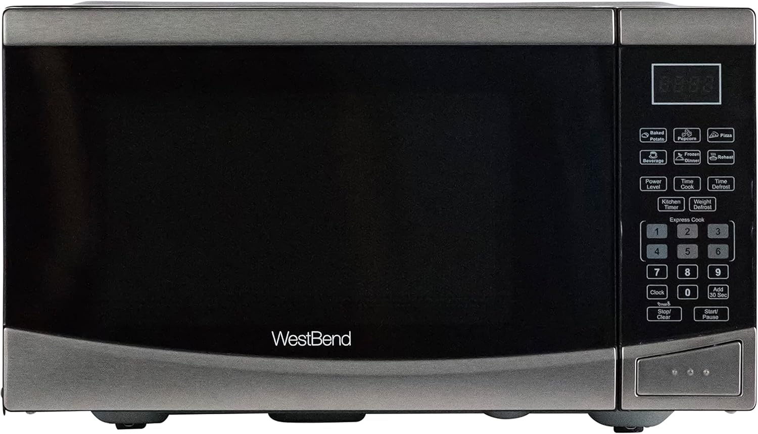 West Bend Microwave Oven 900-Watts Compact with 10 Power Levels and 6 Pre Cooking Settings, Speed Defrost, Electronic Control Panel and Glass Turntable, 0.9-Cu.Ft., Stainless Steel
