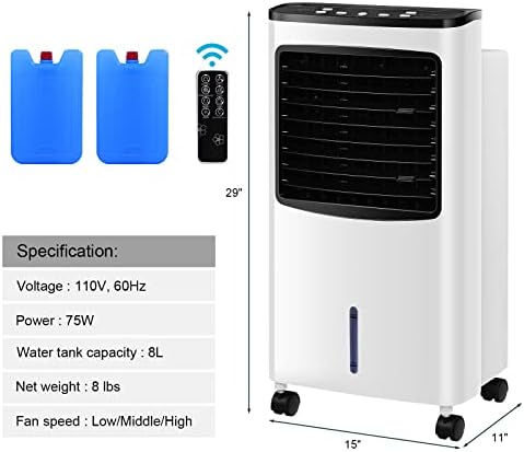 PETSITE Evaporative Air Cooler, Portable Cooling Fan with Remote Control, Ice Packs, Humidifying, 3 Speeds, 7.5H Timer, Personal Swamp Cooler for Room Home Office