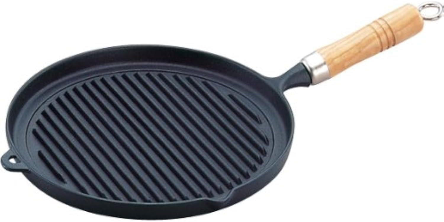 Iwachu 23029 Iwachu Grill Pan with Wooden Handle, Black Baking, Inner Diameter 9.6 inches (24.5 cm), Induction Compatible, Nambu Ironware
