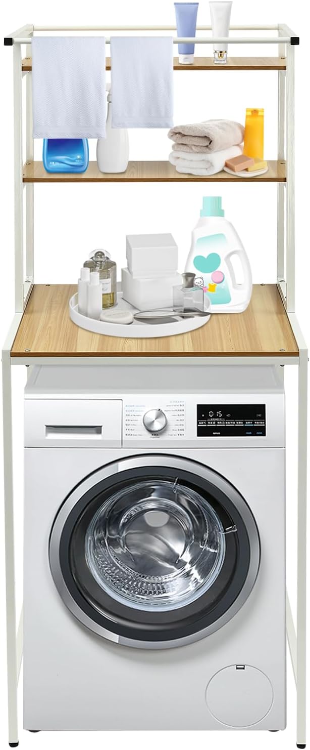 Over The Washer and Dryer Storage Shelf,3 Tiers Laundry Room Storage and Organizer Standing Shelf,Adjustable Rubber Feet,High Load-Bearing Capacity,for Bathrooms, Laundry Rooms, Balconies,Etc