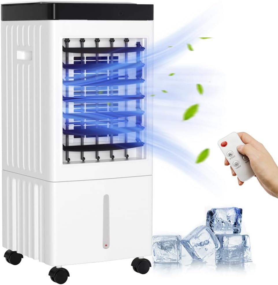 Topteng Portable 10L Evaporative Air Cooler Indoor Swamp Cooler Air Conditioner 24.3Inch Water Cooling Fan 3-IN-1 Evaporative Cooler 3 Speeds with Remote Control Fan & Humidifier, Timing Settings