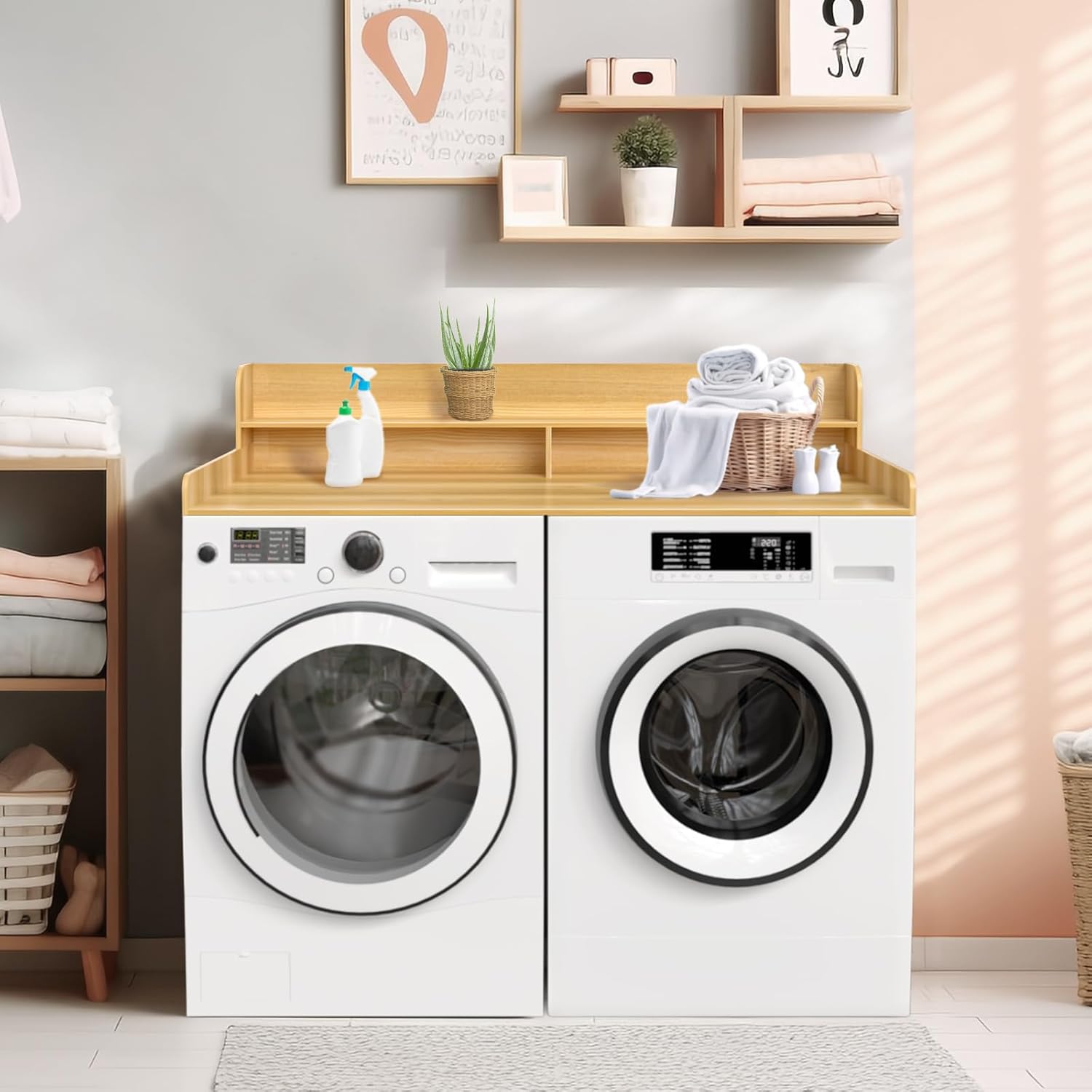 2-Tier Washer and Dryer Countertop Shelf, White Laundry Topper with Non-Slip Pads, Laundry Room Storage & Organization for Small Apartment Kitchen