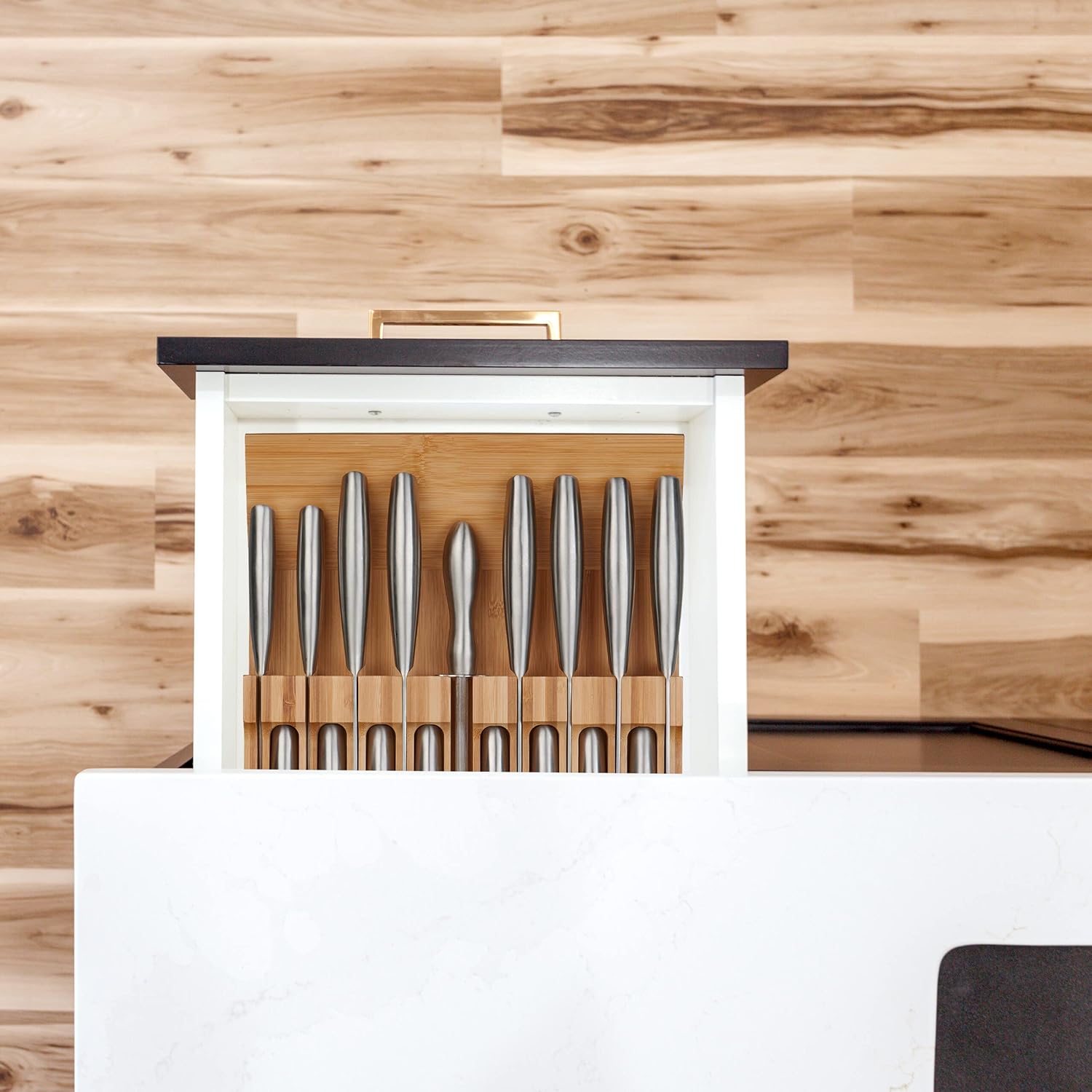 Relaxdays Knife Holder Drawer for 16 Knives and Sharpening Steel, Bamboo Knife Block Lying Down H x W x D: 5 x 43 x 29 cm, Natural