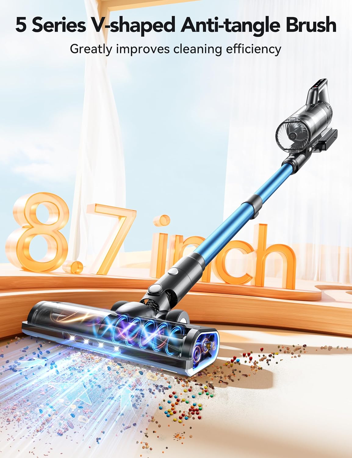 Cordless Vacuum Cleaner, 23000pa Powerful Lightweight Stick Vac with LED Headlights, 45min Runtime, 3 Modes, Removable Handheld Vac with HEPA Filter for Carpet, Hard Floor, and Pet Hair (Blue)