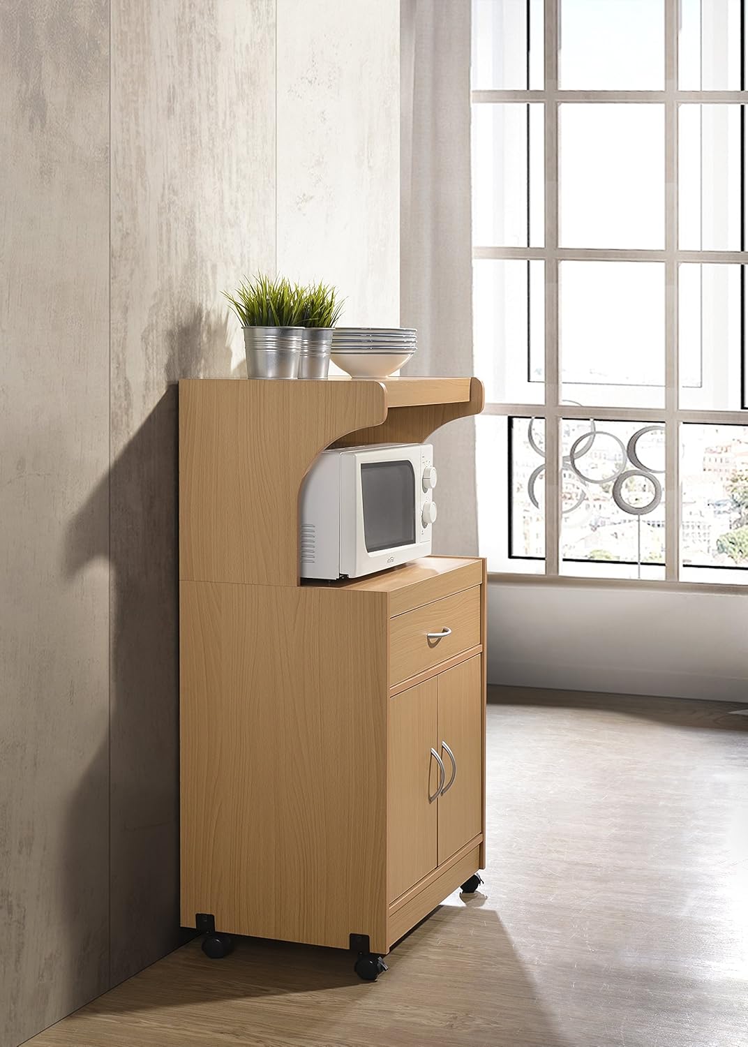 HODEDAH IMPORT Microwave Kitchen Cart, Beech.