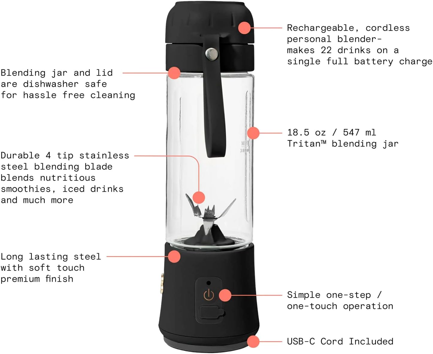 Beautiful Portable Blender,by Drew Barrymore, 70 Watts, 18.5 OZ (Black Sesame)