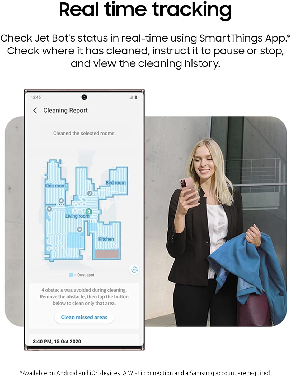 Samsung Jet Bot Robot Vacuum with Intelligent Power Control, Precise Navigation, Multi Surface Cleaner for Hardwood Floors, Carpets, and Area Rugs, Anti-Hair Wrap Brush, White (Renewed)