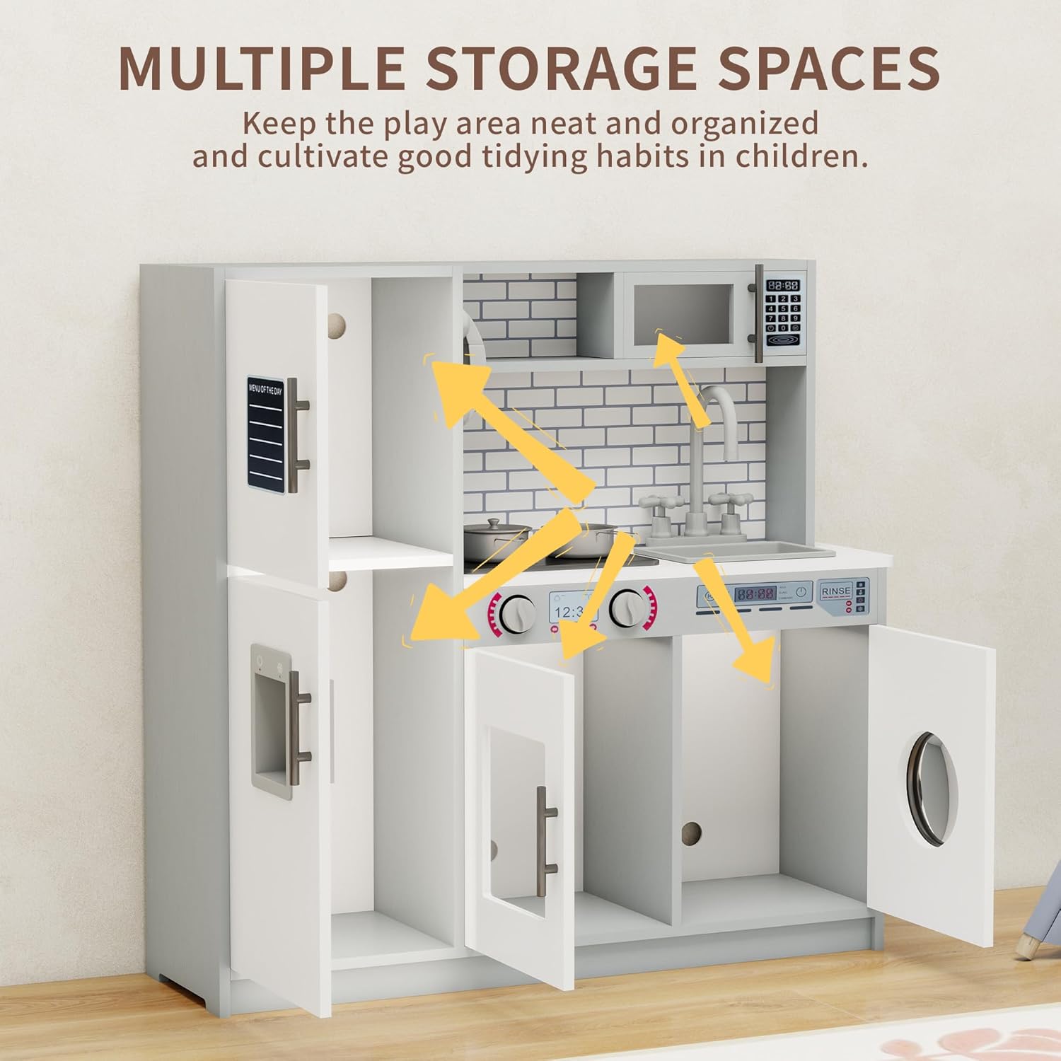 Kids Kitchen Playset with Lights & Sounds, Wooden Play Kitchen with Sink, Washing Machine, Ice Maker & Pretend Play Accessories, Educational Toy Kitchen Set for Toddlers, White