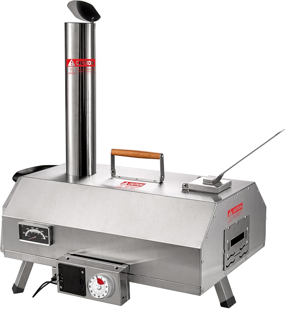 Pizza Oven Outdoor, 12inch Automatic Rotatable Pizza Ovens, Portable Stainless Steel Wood Fired Pizza Oven Pizza Maker with Built-in Thermometer Pizza Cutter Carry Bag (Silver Trapezium)