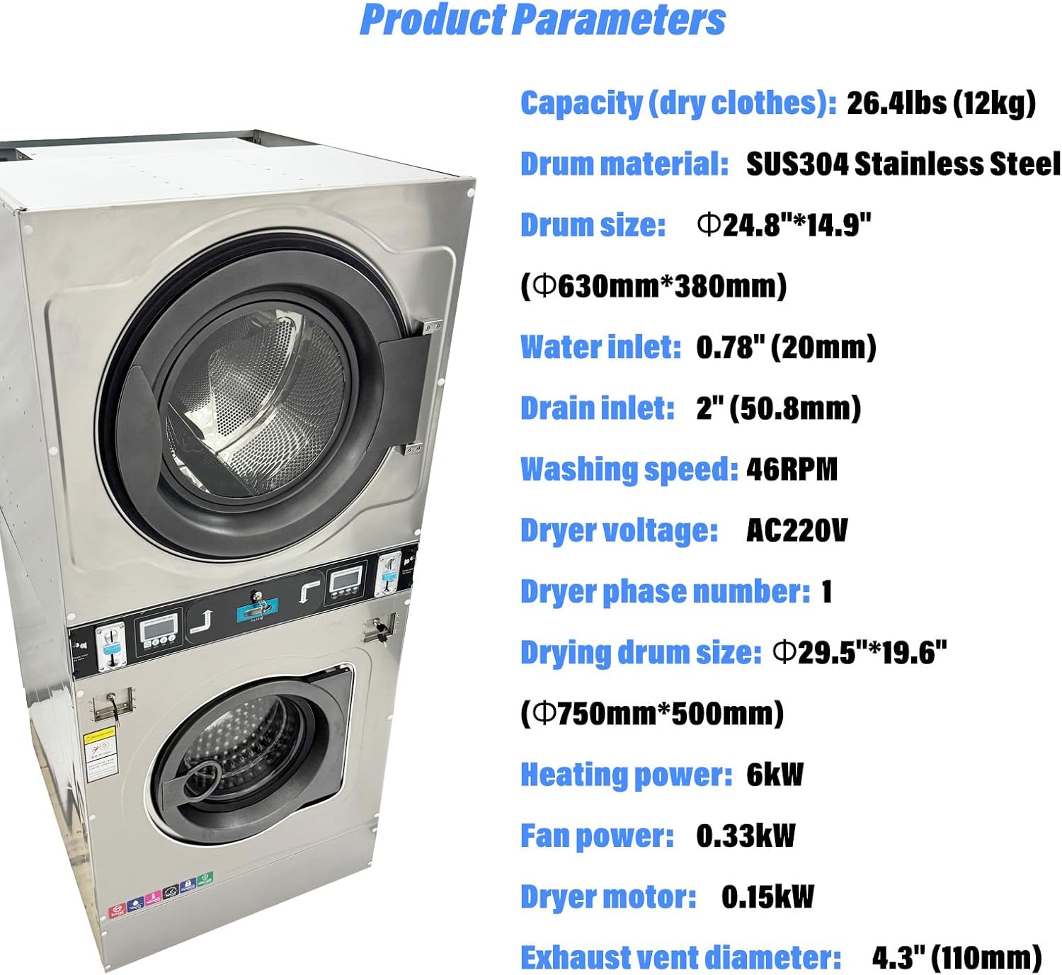 AC220V Commercial Coin Operated Washer Dryer Combo 26.4lbs Stackable Large Washer-Dryer-In-One for Laundromats, Apartment Laundry Rooms, and Hotels