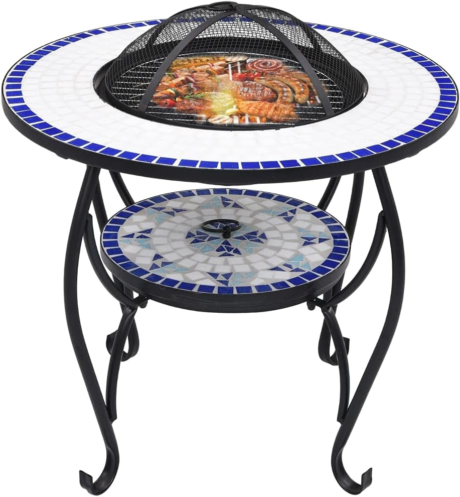 Multifunctional Fire Pit Table, Patio Decorative Table, Round Table for Camping, Outdoor Heating, Campfire and Picnic,Mosaic Fire Pit Table Blue and White 26.8