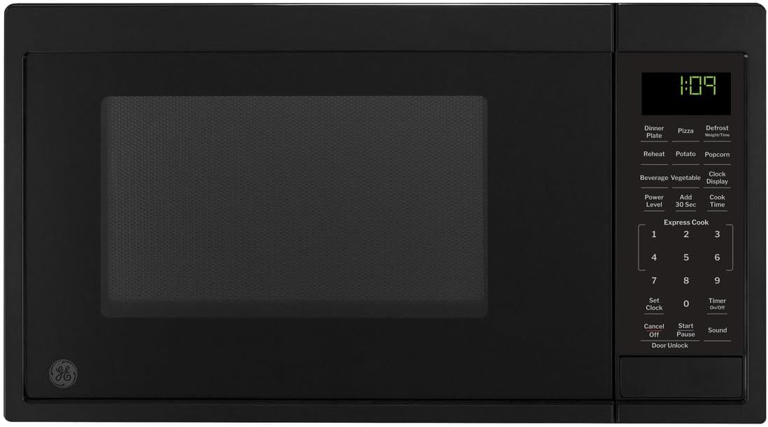 GE Countertop Microwave Oven, Compact 0.9 Cubic Ft., 900-watt Capacity, 7 Auto Cooking Settings, Child-Lock Technology, Kitchen Essentials for the Countertop, Dorm Room or Apartment, Black