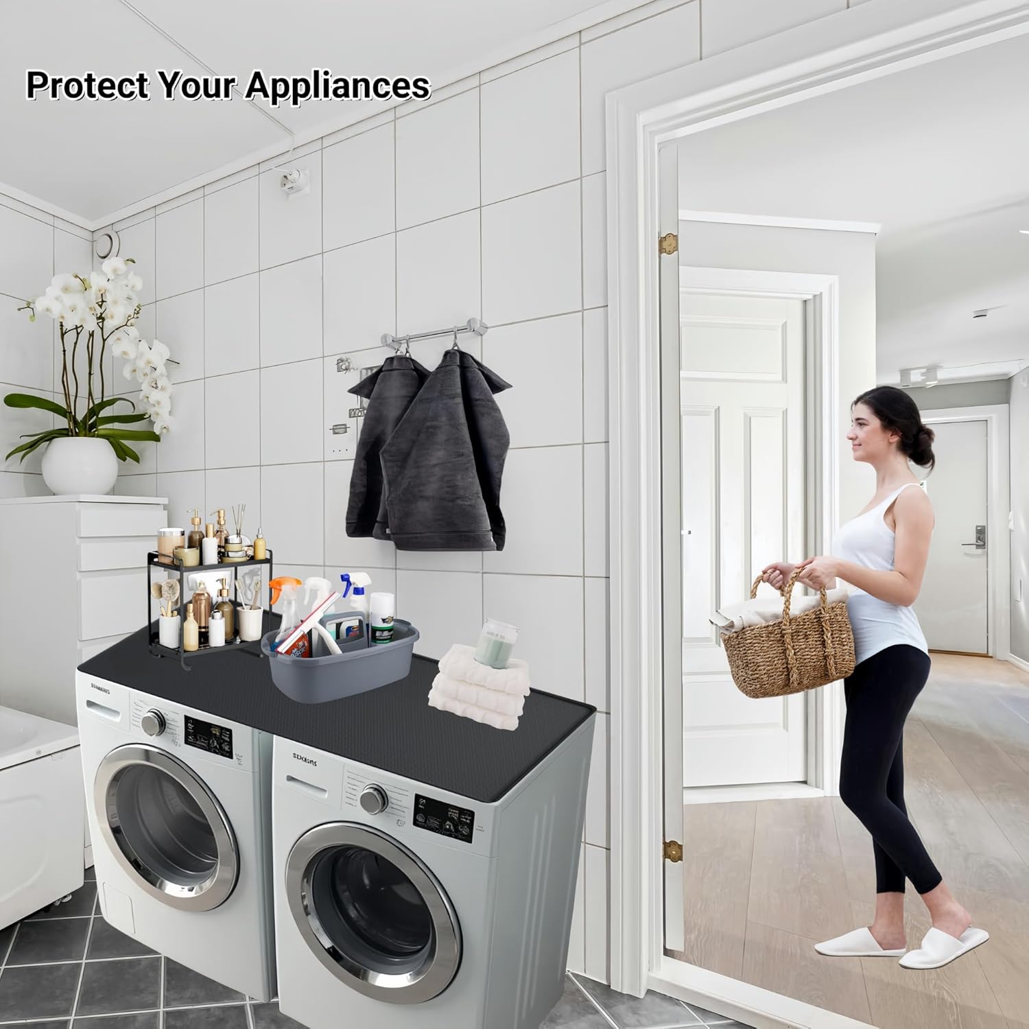 51'' x 25.6'' Washer and Dryer Covers for the Top, Silicone Washing Machine Cover, Dryer Top Protector Mat, Washer Dryer Countertop, Perfect for Laundry Room, Home Use, Black