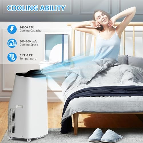 14,000 BTU Portable Air Conditioner Cools Up to 700 Sq.Ft, 3-IN-1 Quiet Portable AC Unit with Remote Control & Installation Kits for Large Room, Smart/Sleep Mode, Auto Swing, 24H Timer