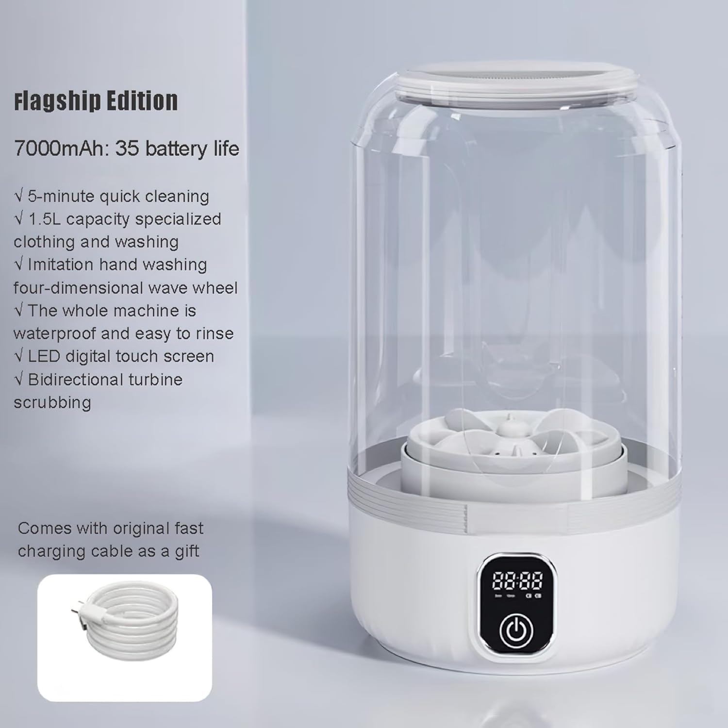 Portable Mini Washing Machine, Smart Digital Display, 7000mAh Battery Powered, Compact Travel Washer for Underwear, Socks (Flagship Edition)