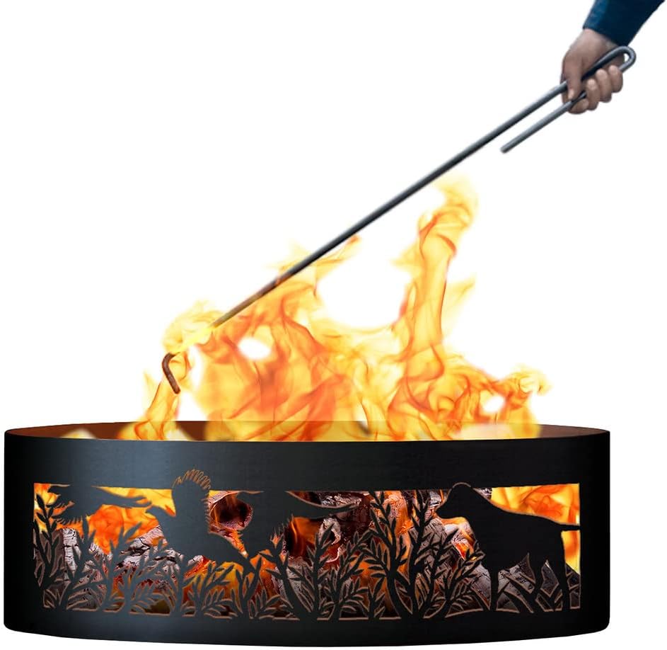 PD Metals PR00730-FP Dog N Pheasant Unpainted 12 in. Tall 30 in. Diameter Outdoor Fire Ring with Fire Poker - 30 x 30 x 12 in. - Rustic Black Color