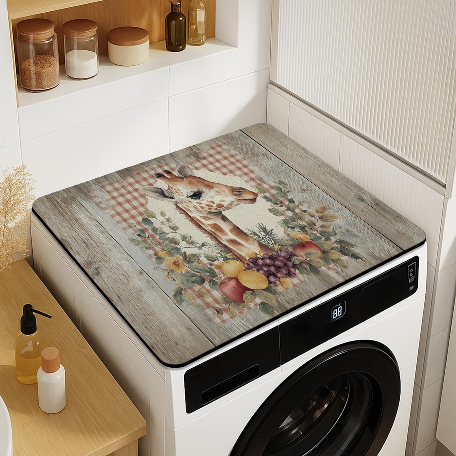 Giraffe Washer Dryer Top Protector Mat, Rustic Vintage Giraffe Floral Laundry Machine Covers, Autumn Decorative Rubber Anti-slip Waterproof Mats for Laundry Room 20x24 Inch