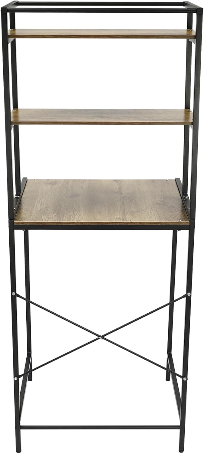 Over Washer Dryer Standing Rack Stand with Adjustable Rubber Feet, Hanging Towels Organizer Laundry Products Storage Shelf for Bathroom Laundry Room Space Saver (Black + Oak)