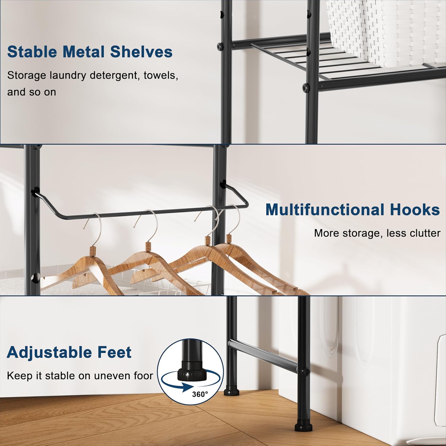 Laundry Room Storage Shelf & Organizer, 2 Tier Metal Over Washer and Dryer Shelves, Washing Machine Shelf with Hanger Rod, Expandable Bathroom Space Saver Shelf, 26–37