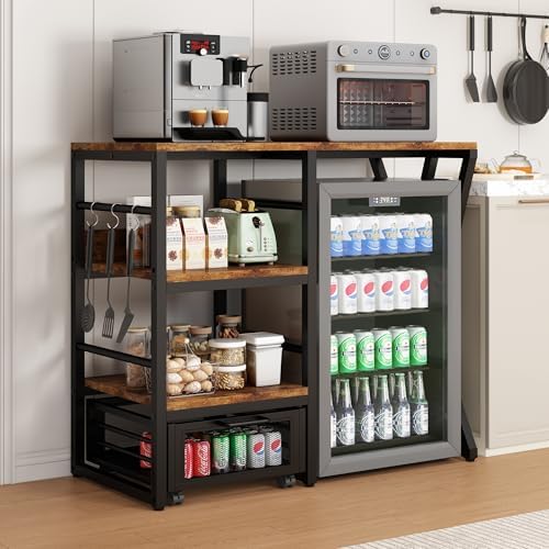 Kitchen Bakers Rack with Movable Basket, Coffee Bar Cabinet with Mini Fridge Space, Beverage & Wine Fridge Stand, Kitchen Storage Organizer with Worktop, Microwave Oven Stand for Home, Dorm, Office