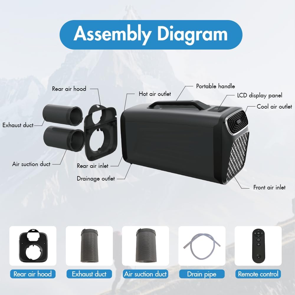 Portable Air Conditioner for Camping Outdoor and Indoor Use, 5200BTU Fast Cooling Capacity for Tent AC，Quiet Air conditoning For Small Rooms，Pet House Black Grey