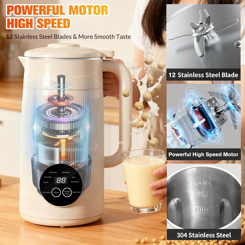 8 in 1 Nut Milk Maker Machine, 50oz Automatic Soy Milk Maker Blender for Homemade Soy, Almond, Oat, Coconut, Plant Based Milks, Milkshake, and Juice with 12H Delay Start/6H Keep Warm/Auto Clean, White